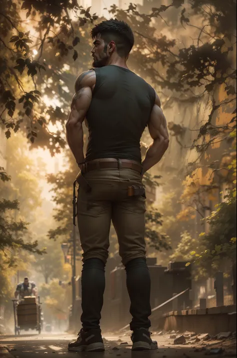 strong muscular man, street angry, backpack, epic realistic, photo, faded, complex stuff around, intricate background, soaking wet, neutral colors, ((((hdr)))), ((((muted colors)))), intricate scene, artstation, intricate details, vignette