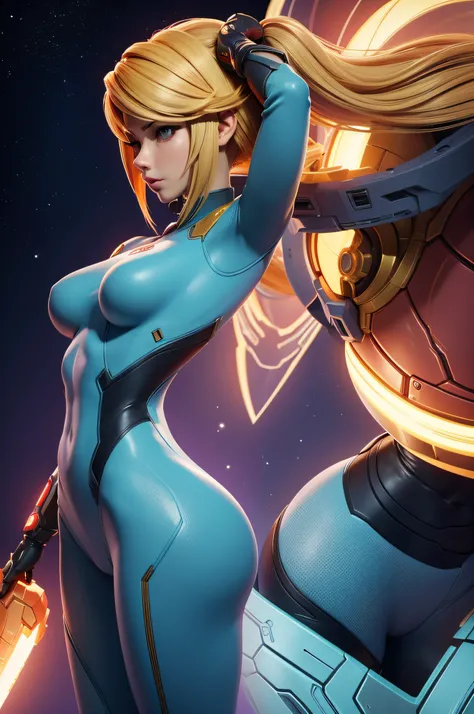 Close-up of a woman, samus aran from Metroid, on a spaceship, medium breasts, 4K Quality, slim  body, sexy pose, ass view from the side, big ass