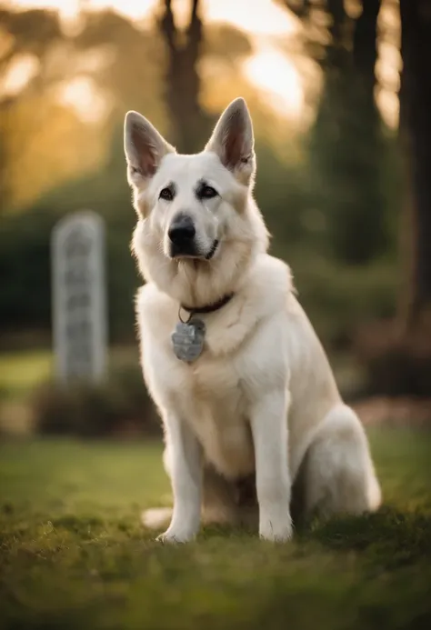 White German Shepherd Dog stands facing left in a standing position. "stay" The dog is wearing a vest, no colete tem o nome "Zorran", Hes standing on a lawn, Behind it is a panel with the writing "Seven Guardians Kennel"