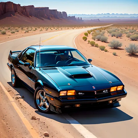 A red 1988 pontiac firebird driving down a desert led highway