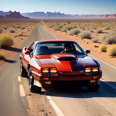 A red 1988 pontiac firebird driving down a desert led highway