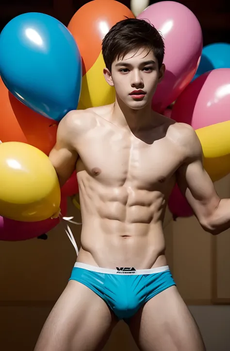 young teen boys shirtless in speedos, hugging big balloons, slim body