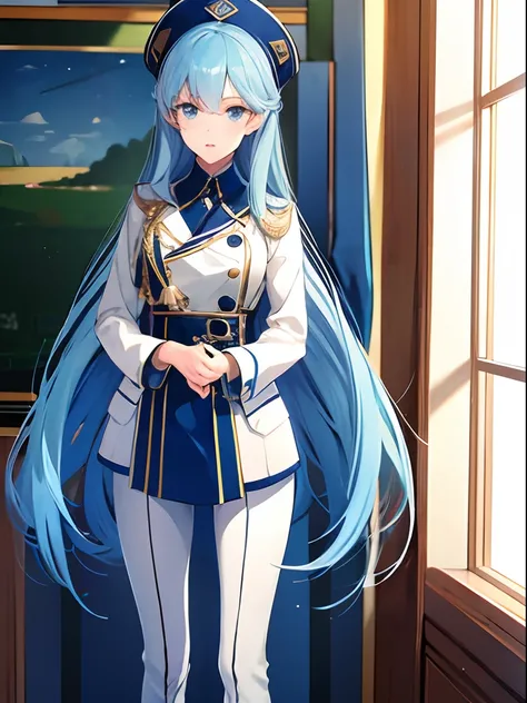 1girl, long hair, light blue hair, navy military uniform, standing on ground, high res, ultra sharp, 8K, masterpiece