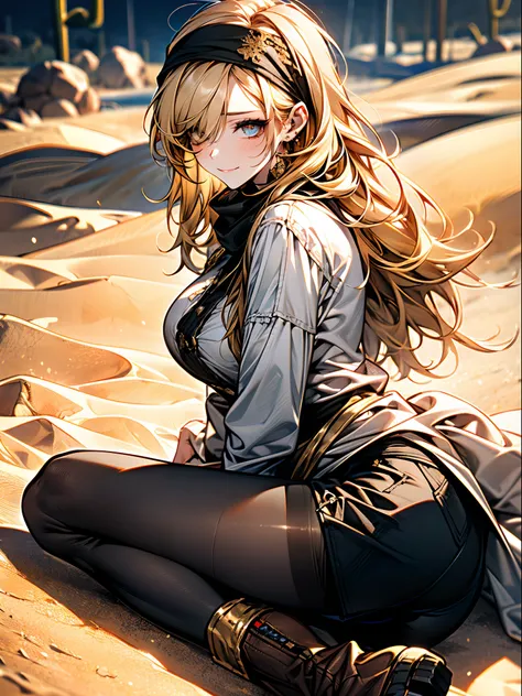 ((in a desert:1.5)), a matured woman with long hair and a white outfit, (resting in oasis:1.2, sitting), Arabic, Post apocalyps, from arknights, artwork in the style of guweiz, bodyesbian, fine details. girls frontline, beautiful anime illustration, from g...