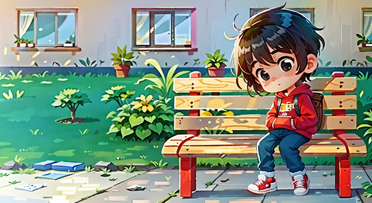 About the price, An adorable 8-year-old boy is sitting on a yellow wooden bench in the schoolyard. Seu cabelo liso e castanho, com uma franja fofa, cai suavemente sobre a testa, Keeping your head tilted, expressando tristeza em seu rosto. He wears a cozy r...