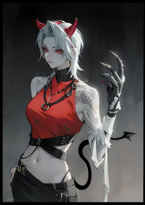 Garota anime com chifres do diabo e um top vermelho segurando uma faca, v do diabo pode chorar como um elfo, Tiefling, androgynous vampire, Demon girl, demoness, menina anime demon, succubus, Tiefling desonestos, Tiefling de D & d, tiefling female warlock,...