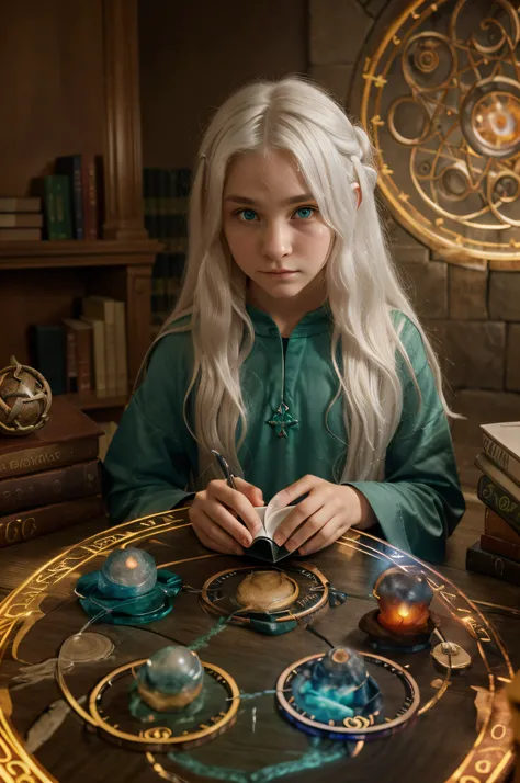 young wizard, reading books, studying spells, (((elementals forming a magic circles))), girl 16-17 years old, white hair, nice nose, green eyes, no scars, long hair, library, indoors, high quality, magic, light reflection, mana in the air, learning spells