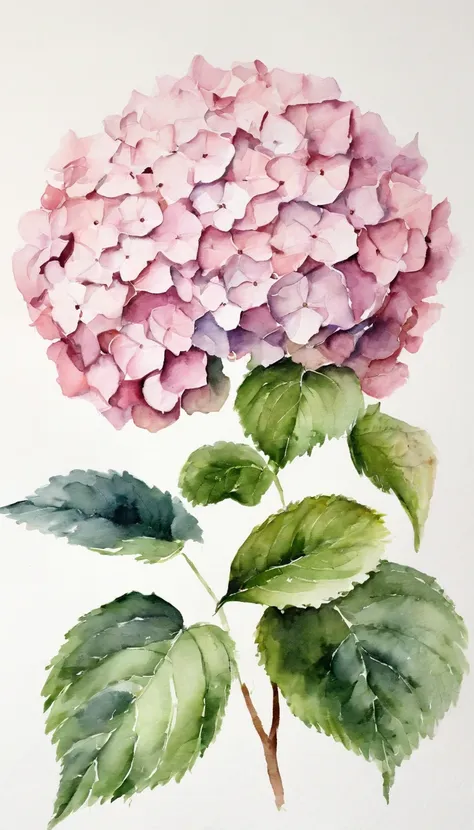 blush pink and levendre hydrangea, white background, minimalistic botanical