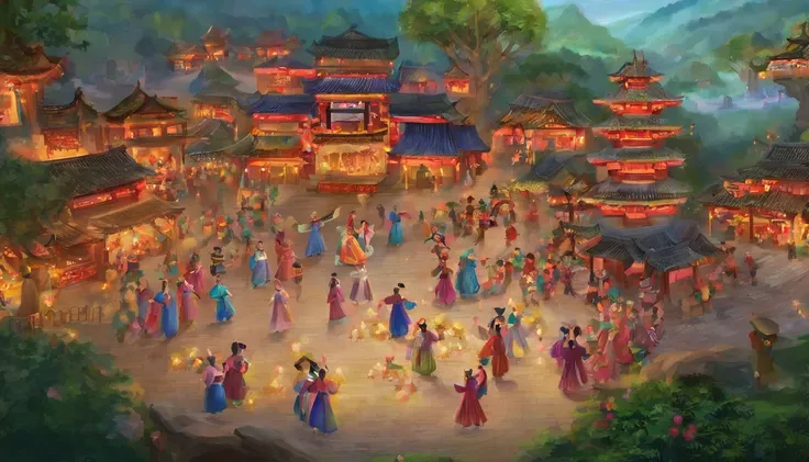 Traditional Zhuang village square，People are dancing