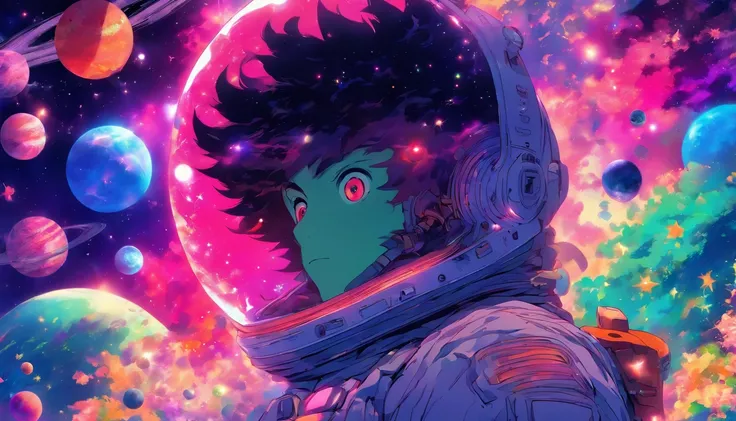 HD details, Close-up of a man in a spacesuit, planets in the background, psychedelic cosmic horror, psychedelic illustrations, cosmic space, plants growing, The world of psychosis, Background space graphic art, Cosmic illustration, cosmic space, cosmic lsd...