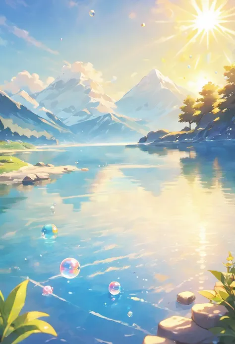 Bright 3D graphics，Show off your glacial wishes on the tranquil lakeside. foam, Beautiful rendering details, Watch the bubbles gently blow into the air, Everyone has hopeful wishes. Bubbles capturing the reflection of the setting sun, Create dreams, magica...