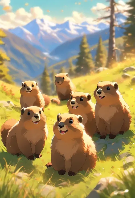 (best quality,ultra-detailed),lots of mountain marmots,breathtaking landscape,playful,curious expressions,soft fur,glistening eyes,natural habitat,green grassy meadow,majestic snow-capped peaks,warm sunlight,harmonious composition,vibrant colors,lively atm...