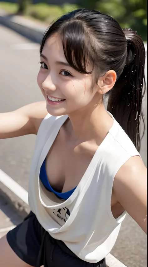 One lady,12year old,japanes,(((,)))portlate,A dark-haired,Beautiful ponytail,Wet with sweat,Clothes are wet,Natural smile,(((Beautiful udder)))