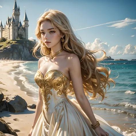 Gorgeous teen, perfect body, beautiful gold and white gown, Strapless shoulders, front, golden hair that’s slightly curly, beach with castle background , Loving,