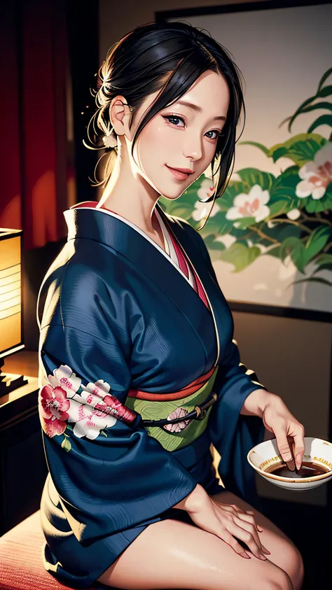 (((masutepiece))), ((Best Quality)), (((kimono))),((Intricate details)), (())),(beautiful and delicate eyes), (Illustration), (silhuette)  ((Ultra-realistic Nose)),no extra hands, (Perfect hands) , ((Oil painting style: 1.5)), Highly detailed, Illustration...