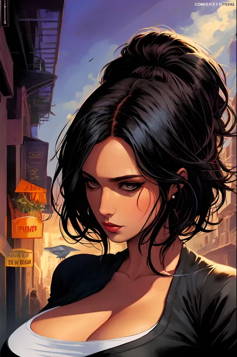 Elena is a lithe and athletic mexican woman with large breast and short, jet-black hair. her wardrobe typically consists of all-black attire, which helps her blend seamlessly into the shadows. Mark Brooks and Dan Mumford, comic book art, perfect, smooth