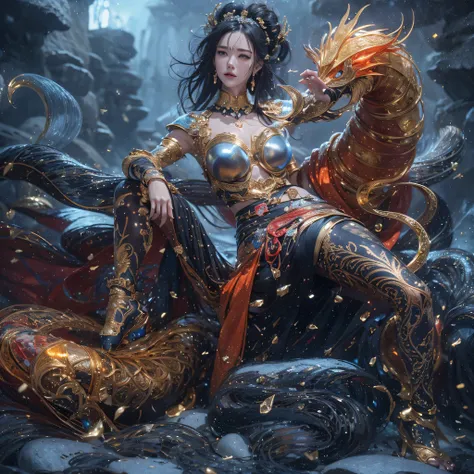 Fly the Nine-Tailed Light Blue Sky Division Flame Hairy Bear Star，Erotic，Torch Night Black Gold Orange Brocade Silk Snake Print Silk Pants，Rouge diamond tulle sheer lizard-patterned leggings，Fat Girl Space Flying in the Snow 1:900 miniatures，Front view，Pur...