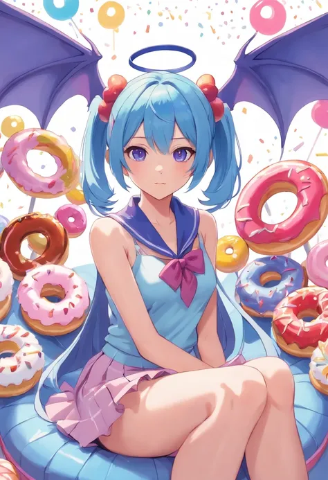 a beautiful masterpiece anime shot of a girl. She is half-bat, and has long bat ears, and a fluffy neck scarf. she has blue bat accessories. She has bat wings on her back The colors are pastel and muted. The color palette consists mostly of yellow, blue an...