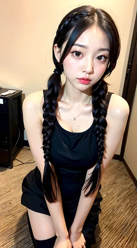 (a Japanese cute girl、top-quality、8K、32K、​masterpiece、nffsw:1.2)、((Left and right symmetrical eyes、Eyes of the same size on the left and right、Balanced face))、((Her hairstyle is a long twin tail with braids:1.5))、(The miniskirt is twisted)、((tiny chest))、(...