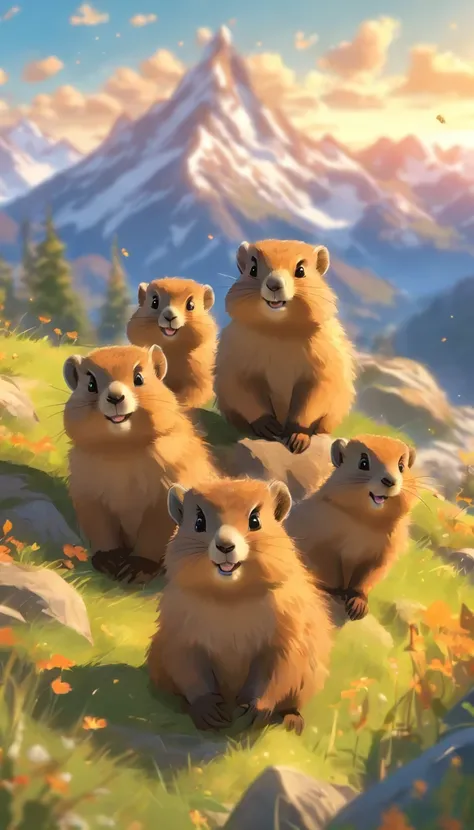 (best quality,ultra-detailed),lots of mountain marmots,breathtaking landscape,playful,curious expressions,soft fur,glistening eyes,natural habitat,green grassy meadow,majestic snow-capped peaks,warm sunlight,harmonious composition,vibrant colors,lively atm...