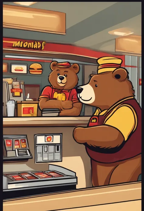 A bear serving at a McDonalds cashier behind the counter in uniform as he places the order for payment