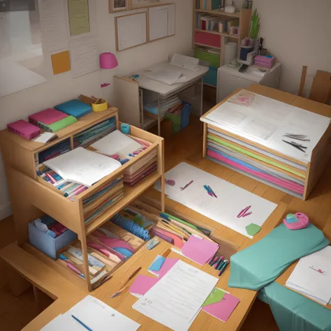 A room cluttered with stationery