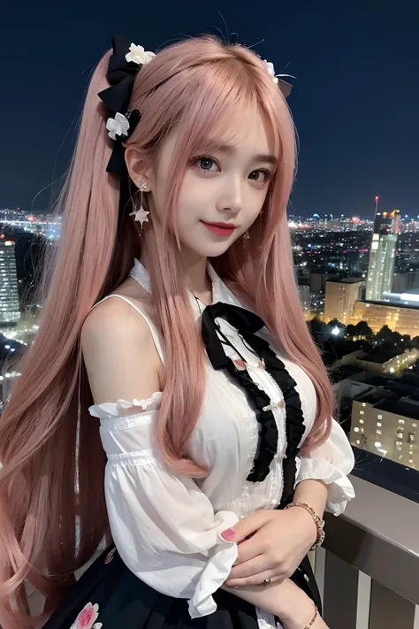 Masterpiece, Best quality, Night, stars, Cityscape, Real, Huge_filesize, the wallpaper, Colorful, Girl, Long hair, Pink hair, Drill hair, hair tying, Beautiful detailed eyes, view the viewer, Seductive smile, Japanese_clothes, Obi, frilled legwear, Hair_fl...