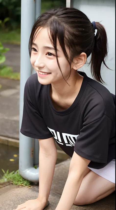 One lady,12year old,japanes,(((,)))portlate,A dark-haired,Beautiful ponytail,Wet with sweat,Clothes are wet,Natural smile,(((Beautiful udder)))