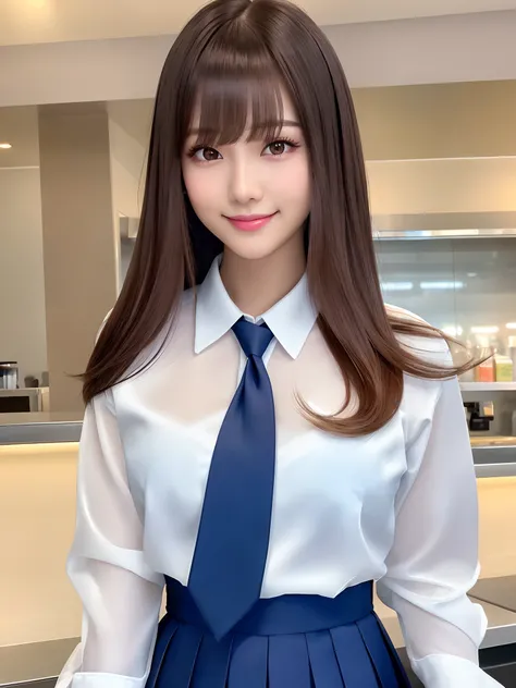 product quality, 1girl, upper body shot, front view, a Japanese young pretty woman, long bob hair, standing with a big smile in a crowded hamburger shop in the sunset, a school bag over her shoulder, glamorous figure, wearing a long sleeve white collared s...