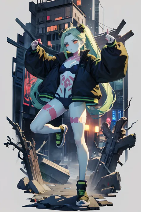 Rebecca, 1girll, Green hair, White skin, double tails, colored sclera, red sclera, Bra, Panties, Black jacket, Artificial eye, black sneaker shoes, Perfect anatomy, Solo, zombie, Multiple boys, crowd, Glowing eyes, Undead, Horror (Theme), Masterpiece, Best...