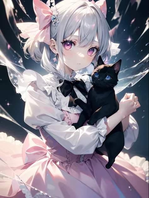 (masutepiece, Best Quality, Ultra High Resolution),1girl in,Pink dress, Ruffled dress, princess dress,Twin-tailed,Bags under the eyes, sour look,pale skin,beautiful and detailed face, Detailed eyes,(grey theme)，frilld，Holding a black cat，bow ribbon，Transpa...