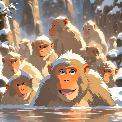 Many Japanese macaques soak shoulder-deep in an open-air bath, surrounded by snow. [Hot springs] are made of natural stones, providing the perfect relaxing environment for the macaques. The steam rises from the hot water, creating a sense of tranquility in...