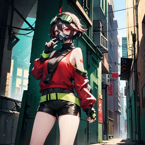 56, red eyes, brrown hair that goes to the shoulders, green cropped sweater, short shorts, goggles on head, with a futuristic cyberpunk respirator, in an alley, perfect hands, in toxic gas, high quality