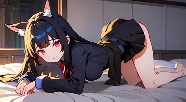 girl with cat ears on her head, long black hair, isekai looking clothes, looking at viewer, on the bed on all fours, bedroom, (shiny skins，wetted skin：1.2), tmasterpiece，best qualty:1.2