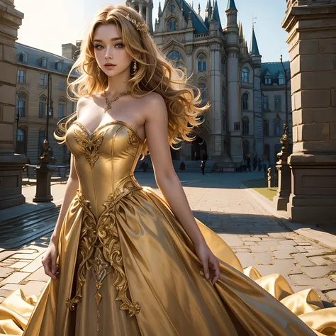 Gorgeous teen, perfect body, beautiful gown, Strapless shoulders, front, golden hair that’s slightly curly, castle background,