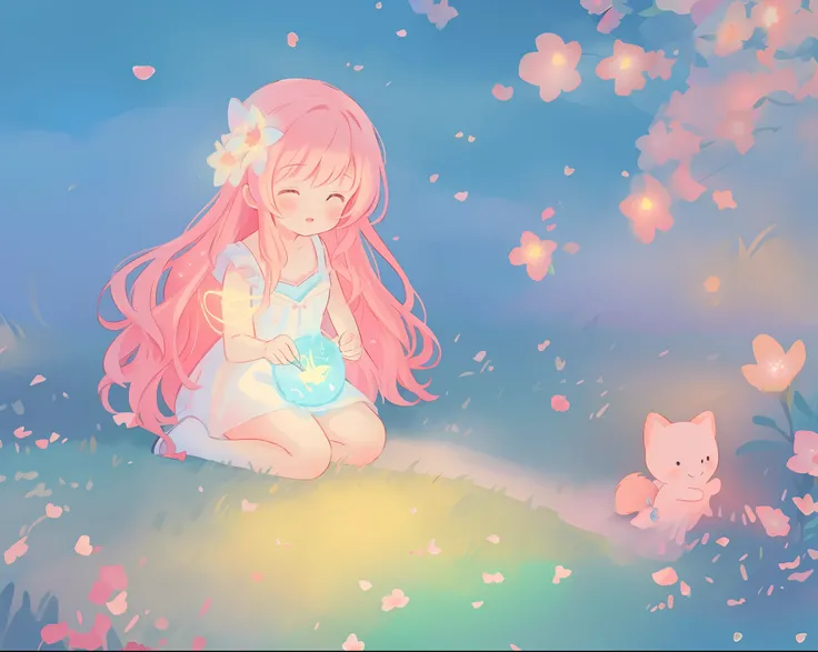 beautiful girl in white dress, fairy dress, beautiful girl sitting in a field with pink red flowers, glowing lights, whimsical landscape, long pink flowing hair, watercolor illustration, inspired by Glen Keane, inspired by Lois van Baarle, disney art style...