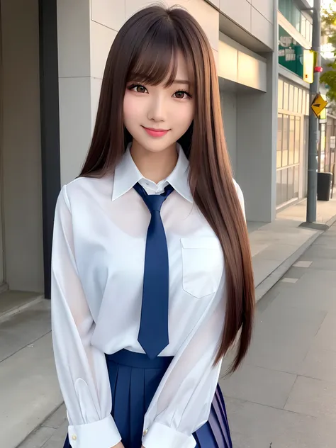 product quality, 1girl, upper body shot, front view, a Japanese young pretty woman, long bob hair, standing with a big smile in a living town in the night, a school bag over her shoulder, glamorous figure, wearing a long sleeve white collared silky satin s...