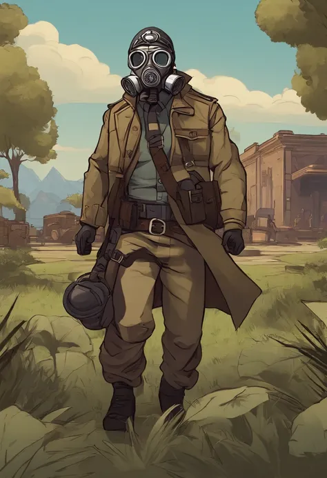 A cartoon character of a man wearing a gas mask and dressed in the clothes of the NAZI army, foto de perfil 1024px, Borderlands art style, Estilo Borderlands 3, Aetherpunk realista, valve, Estilo Borderlands, Estilo de arte Duke Nukem, eldritchpunk, muscul...