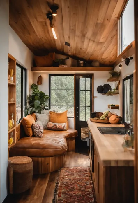 Tiny house inside, interior design idea, l sofa, tv, kitchen with breakfast bar, clearly divide areas, great textures and beautiful light entry by the windows