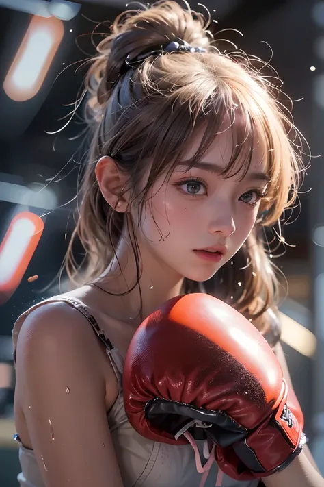 Girl practicing boxing，Wearing boxing gloves on his hands，(steams:1.1),(Wet:1.1),(Trembling:1.1),(Sweat:1.1),Focused Breast,Pubic Area Showing,(teens girl,boxing),boxer,(4K), (RAW photo: 1.2), (Realism: 1.4), (masutepiece: 1.3), (exquisite detailing: 1.2),...