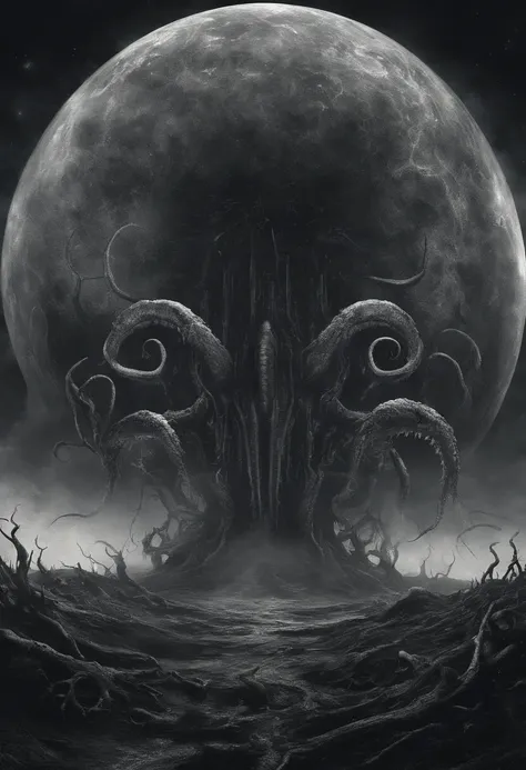 There is a planet in the middle, tentacles in universe, lovecraftian inspiration, Lovecraftian cosmic fear, lovecraftian hellscape, fantasy and cosmic horror movie, Lovecraftian atmosphere, lovecraftian, a planet in open space, no people