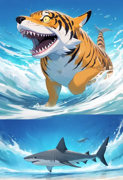 Tiger shark,, vectorial, Quad view，white backgrounid