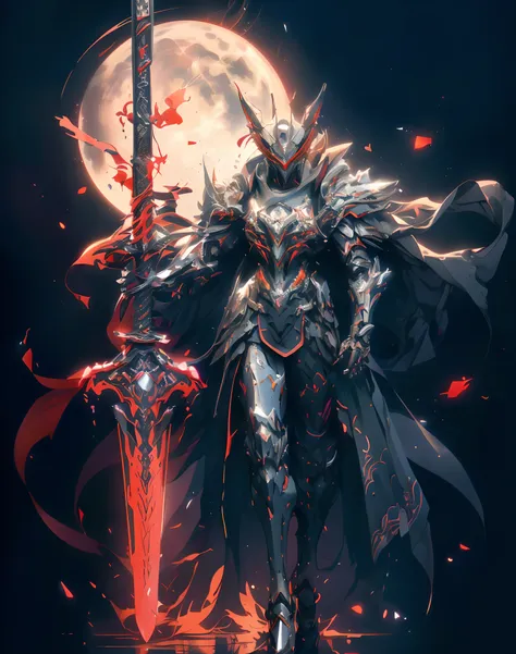 anime characters wearing a red cloak and sword before the full moon, badass anime 8 k, high quality warframe fanart, exquisite w...