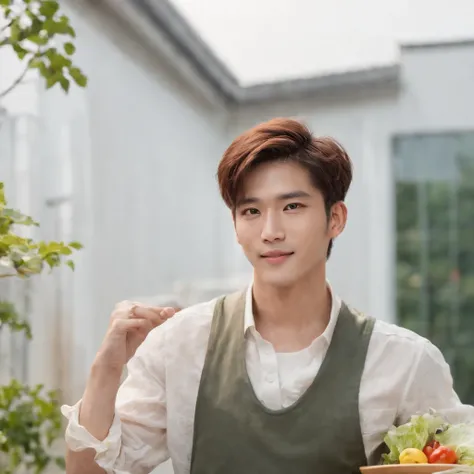 Cinematic soft lighting、Illuminates ultra-realistic handsome Japan male models is eating a box of salad with stunning details，Wear only one vest，Full body photo of the front，handsome appearance，Messy short brown hair，Clear honey eyes，Charming perfect smile...