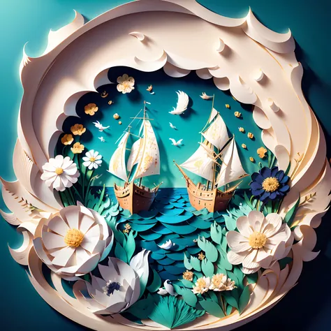 paper-cut art, quay, sea, grassland, flowers