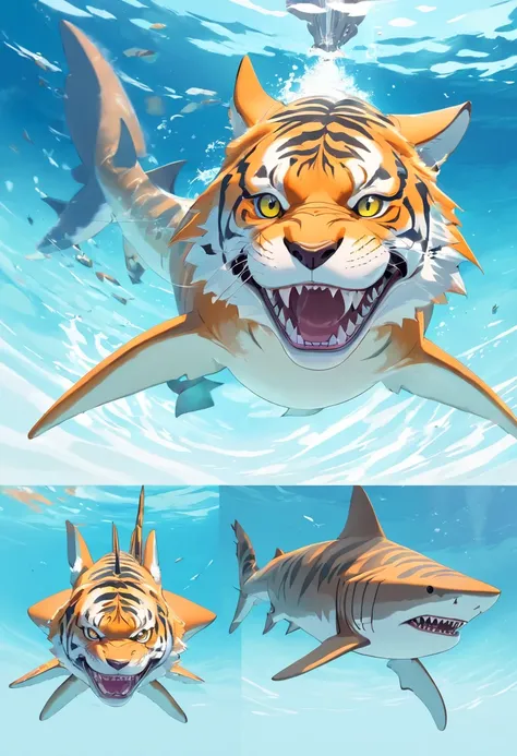 Tiger shark,, vectorial, Quad view，white backgrounid