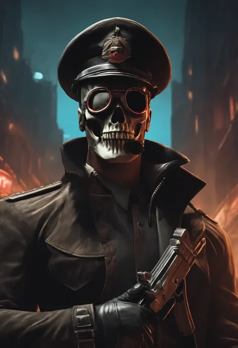 portada de comic, A cartoon character of a man wearing a skull mask and dressed in NAZI army clothing wearing a black trench coat and with a beret on his head, foto de perfil 1024px, Borderlands art style, Estilo Borderlands 3, Aetherpunk realista, valve, ...