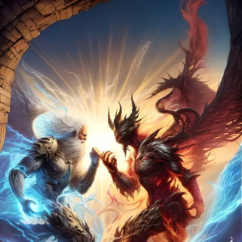 Una pintura de dos monstruos luchando por un demonio gigante, Jeff Easley y Ross Tran, Batalla entre el bien y el mal, epic fantasy digital art, battle between angels and demons, Epic Fantasy Art Style HD, detailed fantasy digital art, epic fantasy digital...