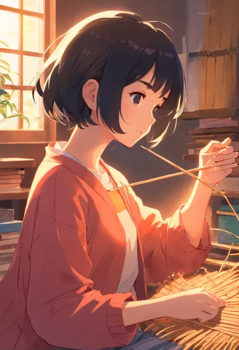 Close-up，Little girl with black hair，and the sun was shining brightly，Shes knitting things，Made with bamboo，There are good things around