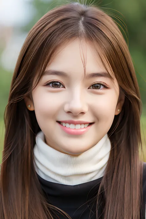 best quality, masterpiece, (photorealistic:1.4), 1girl, smiling eyes, (ulzzang-6500-v1.1:1.0), Brown Hair, black Eyes, 18 Years Old, Beautiful Woman, Actress, White turtleneck,